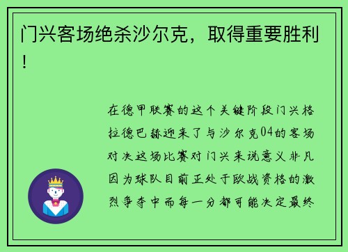 门兴客场绝杀沙尔克，取得重要胜利！